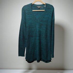 Ellen Tracy Deep Teal/black ribbed V-Neck Sweater size L cotton blend